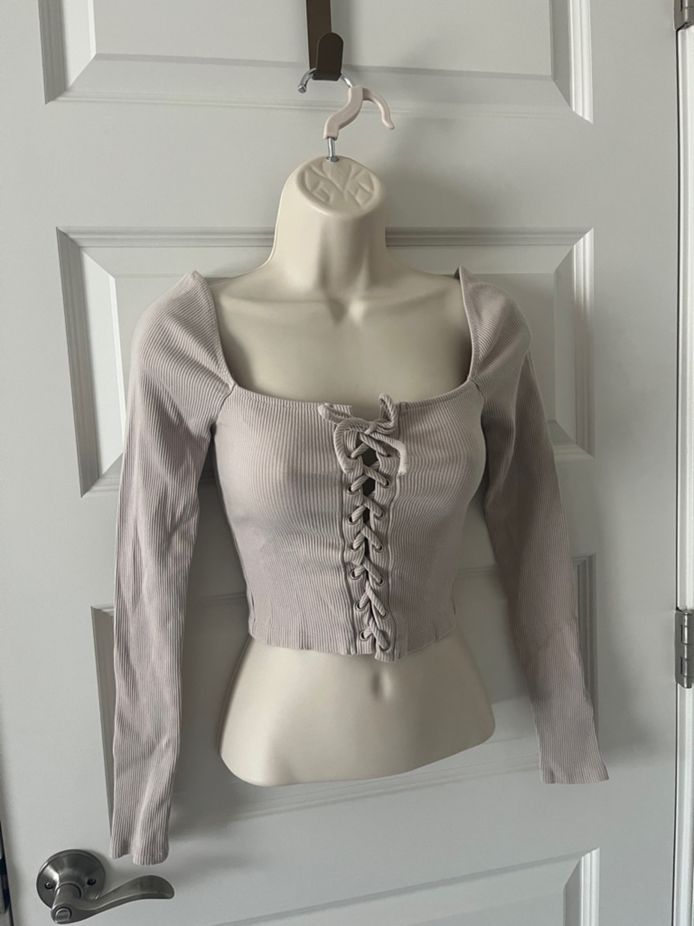 Forever 21 Lace-Up Ribbed Long Sleeve Crop Top - Light Taupe